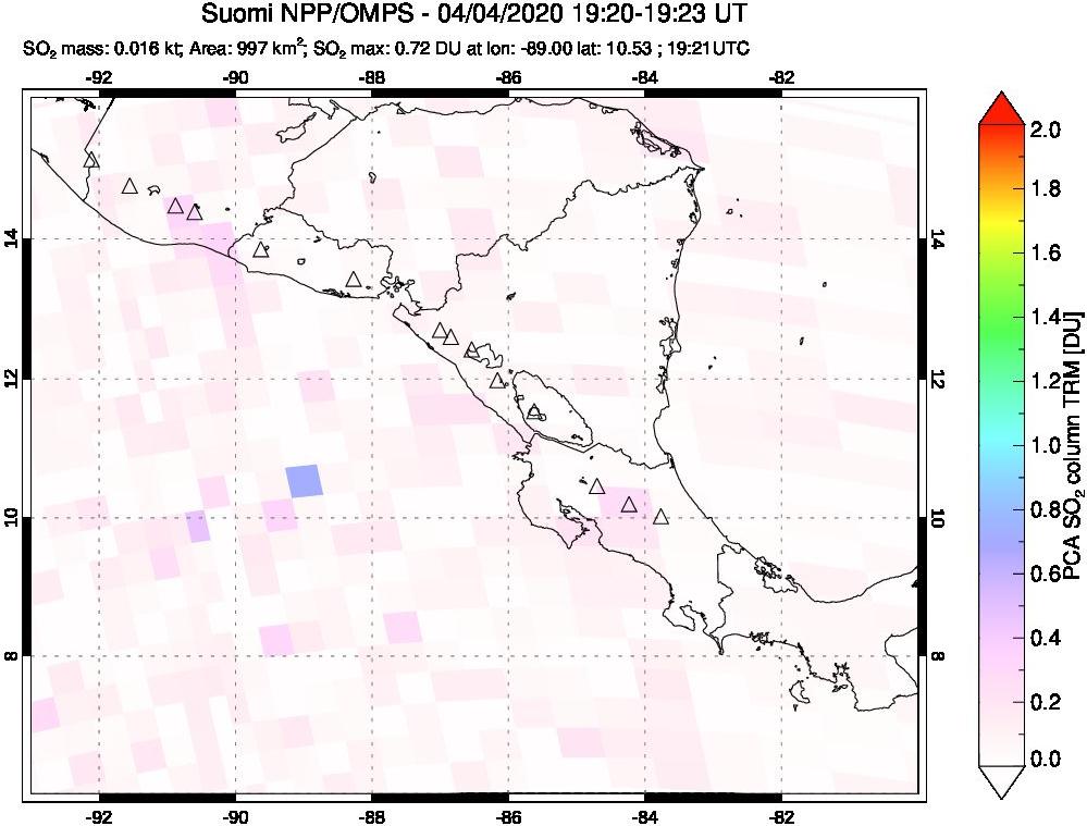 A sulfur dioxide image over Central America on Apr 04, 2020.
