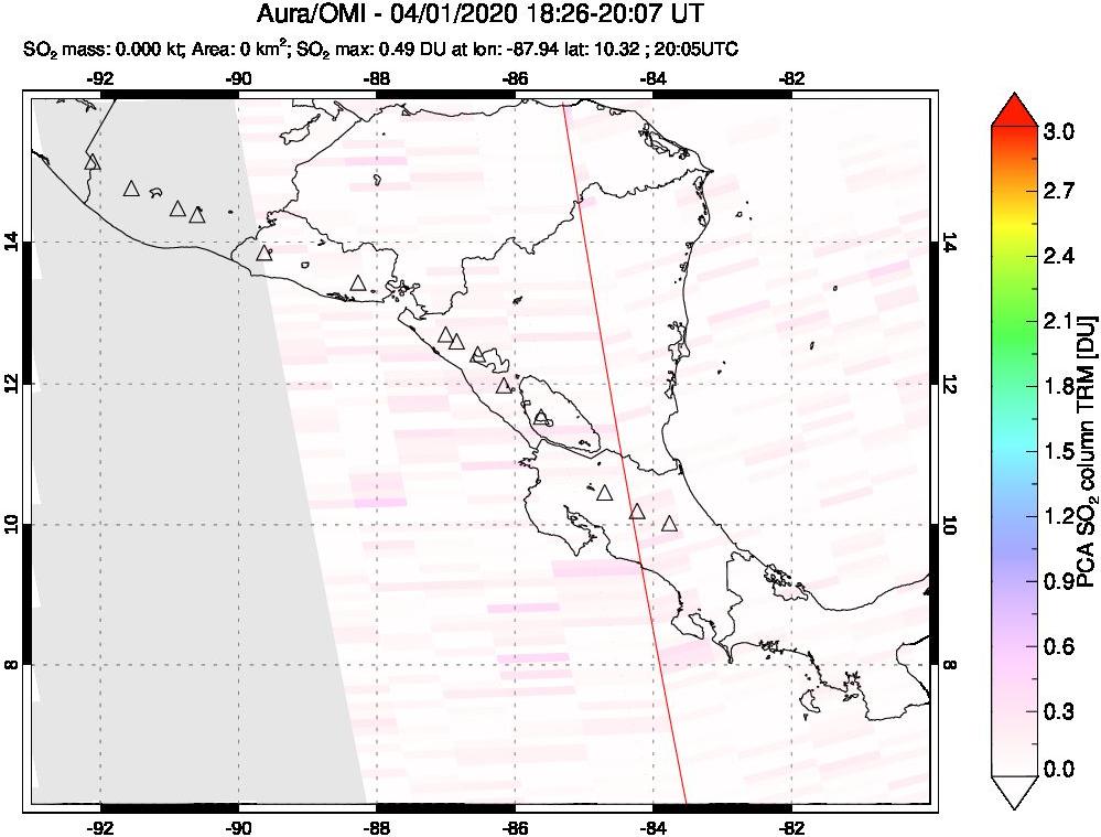 A sulfur dioxide image over Central America on Apr 01, 2020.