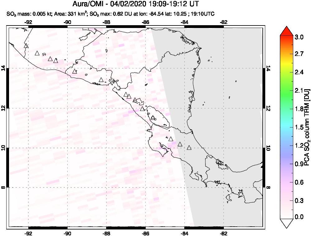 A sulfur dioxide image over Central America on Apr 02, 2020.