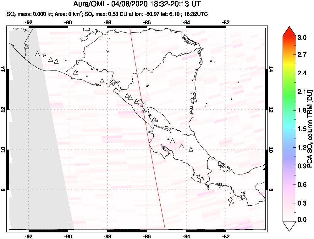 A sulfur dioxide image over Central America on Apr 08, 2020.