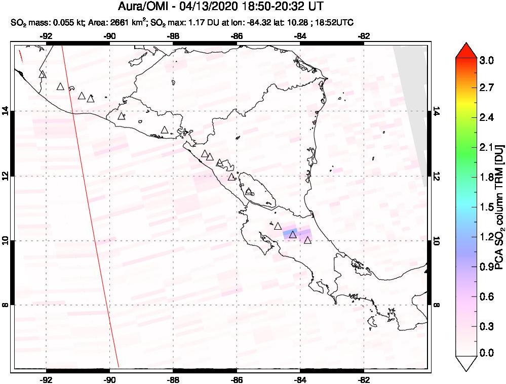 A sulfur dioxide image over Central America on Apr 13, 2020.