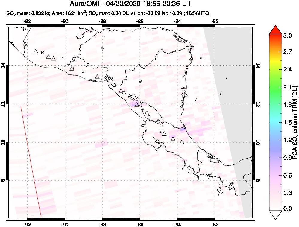 A sulfur dioxide image over Central America on Apr 20, 2020.