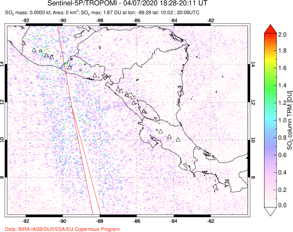 A sulfur dioxide image over Central America on Apr 07, 2020.