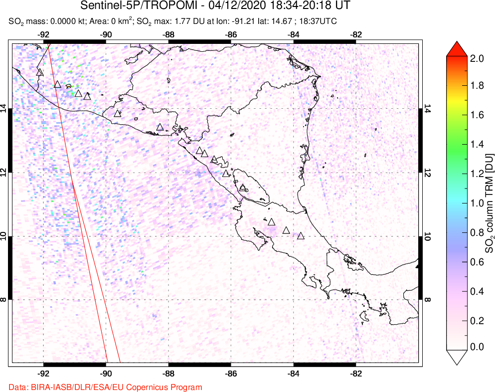 A sulfur dioxide image over Central America on Apr 12, 2020.