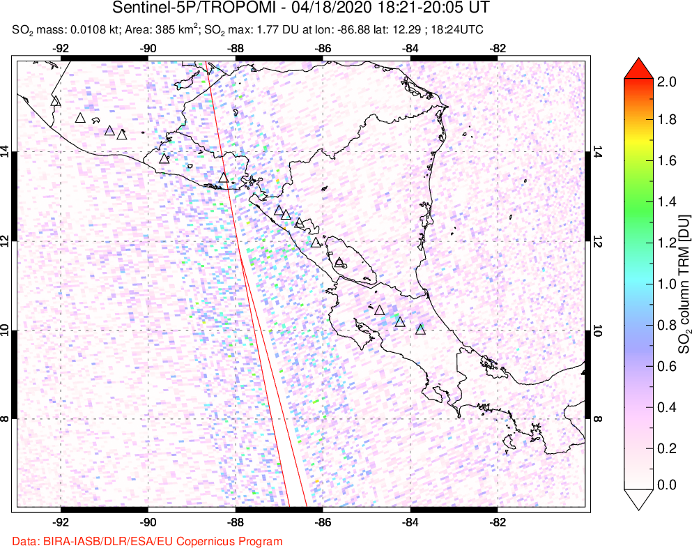 A sulfur dioxide image over Central America on Apr 18, 2020.
