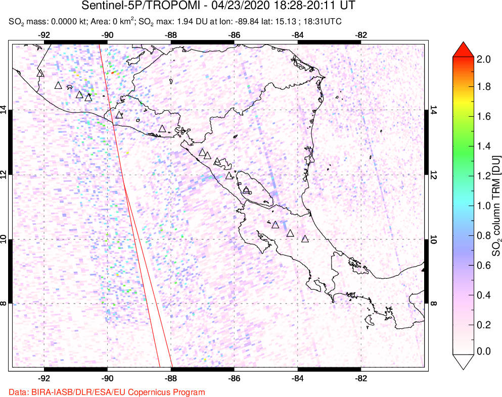 A sulfur dioxide image over Central America on Apr 23, 2020.