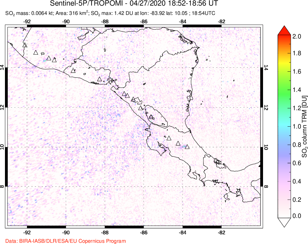 A sulfur dioxide image over Central America on Apr 27, 2020.