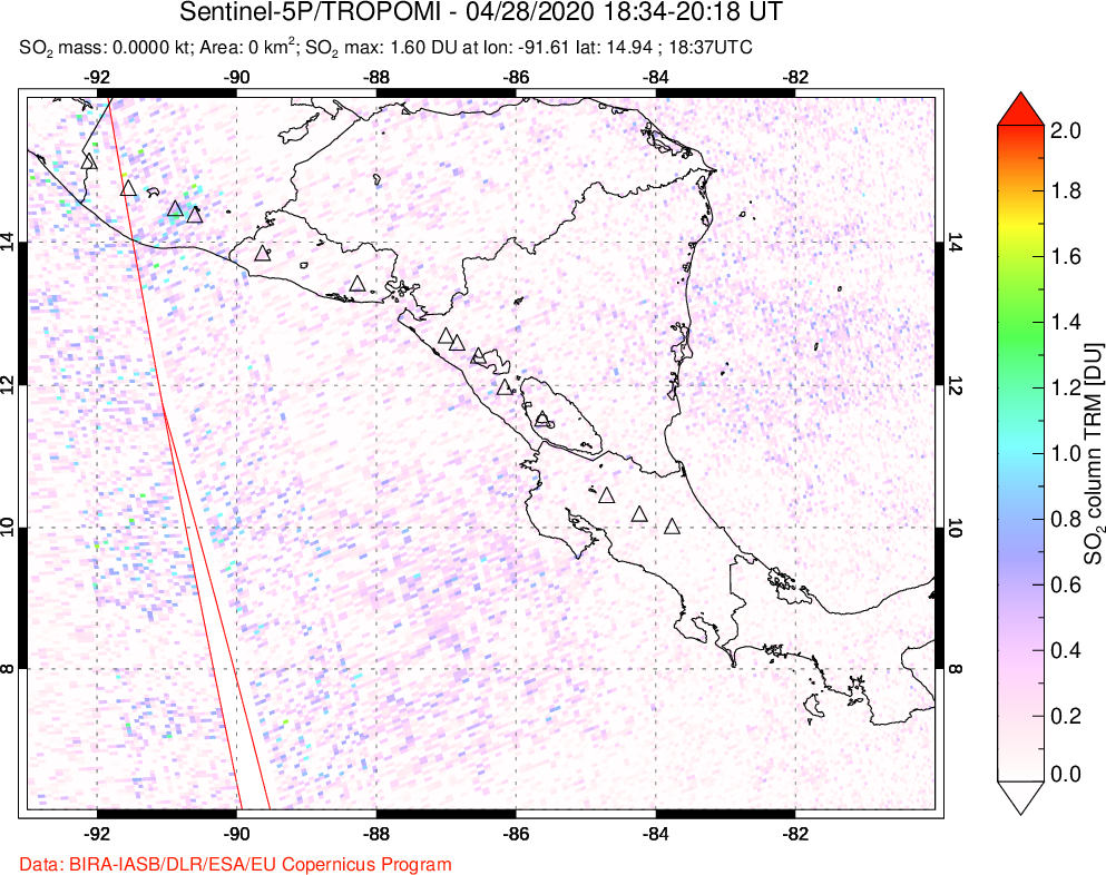 A sulfur dioxide image over Central America on Apr 28, 2020.