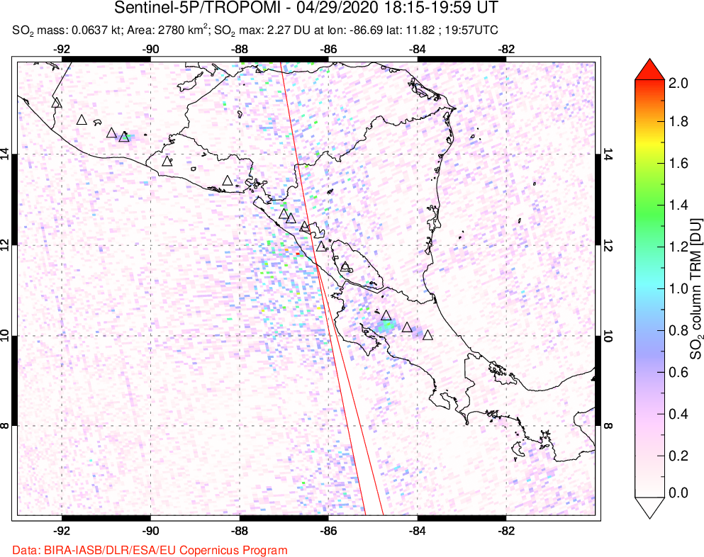 A sulfur dioxide image over Central America on Apr 29, 2020.