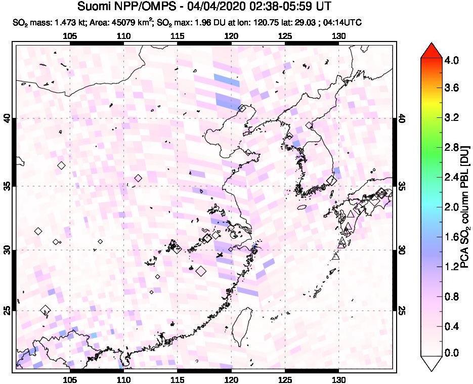 A sulfur dioxide image over Eastern China on Apr 04, 2020.
