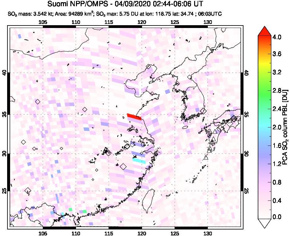 A sulfur dioxide image over Eastern China on Apr 09, 2020.