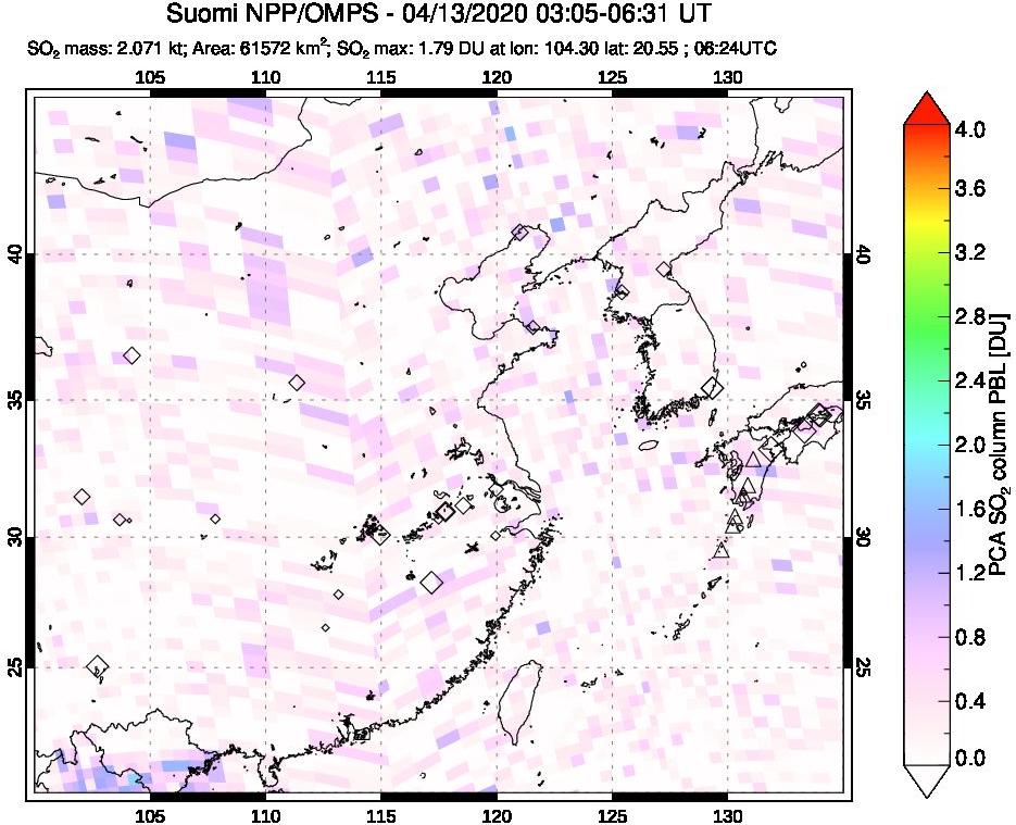 A sulfur dioxide image over Eastern China on Apr 13, 2020.