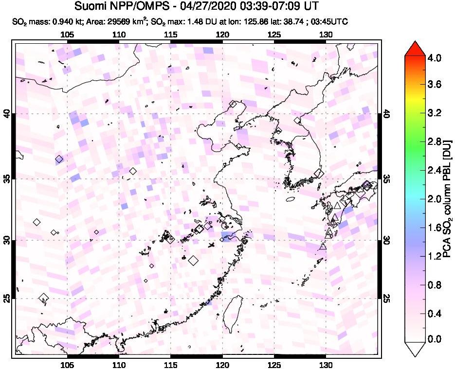 A sulfur dioxide image over Eastern China on Apr 27, 2020.