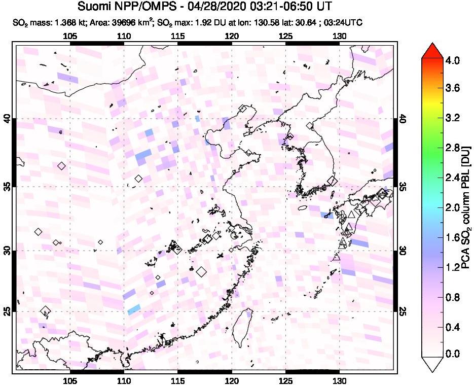 A sulfur dioxide image over Eastern China on Apr 28, 2020.