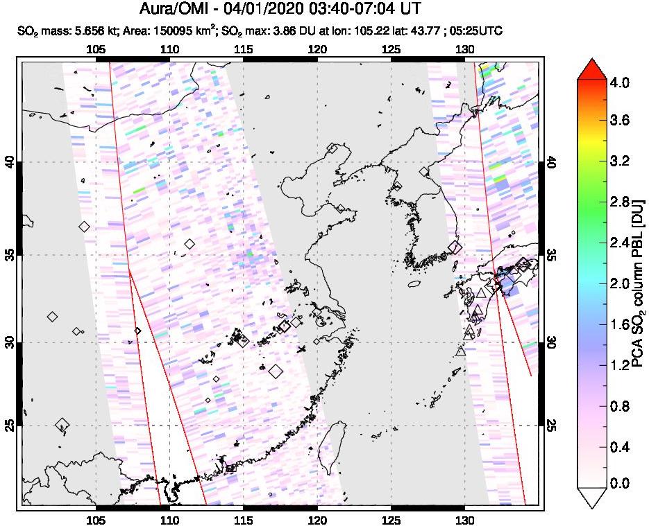 A sulfur dioxide image over Eastern China on Apr 01, 2020.
