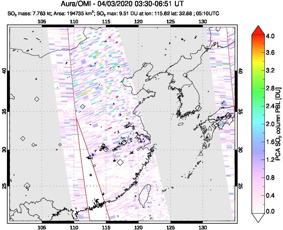 A sulfur dioxide image over Eastern China on Apr 03, 2020.