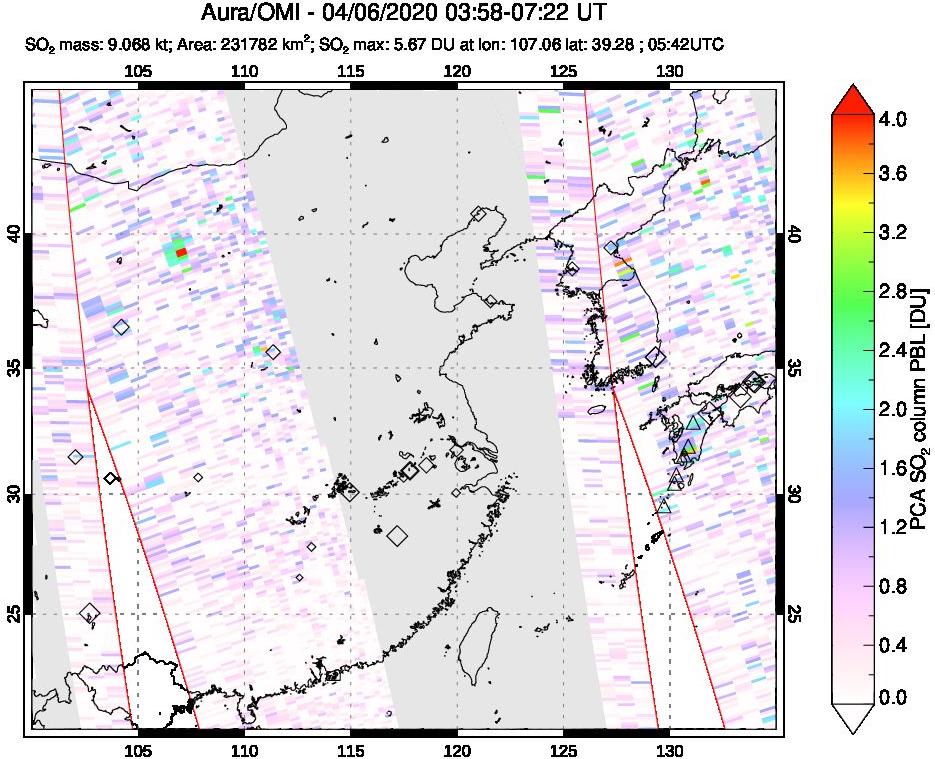 A sulfur dioxide image over Eastern China on Apr 06, 2020.