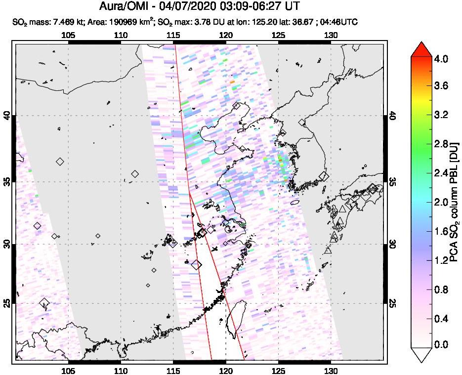 A sulfur dioxide image over Eastern China on Apr 07, 2020.
