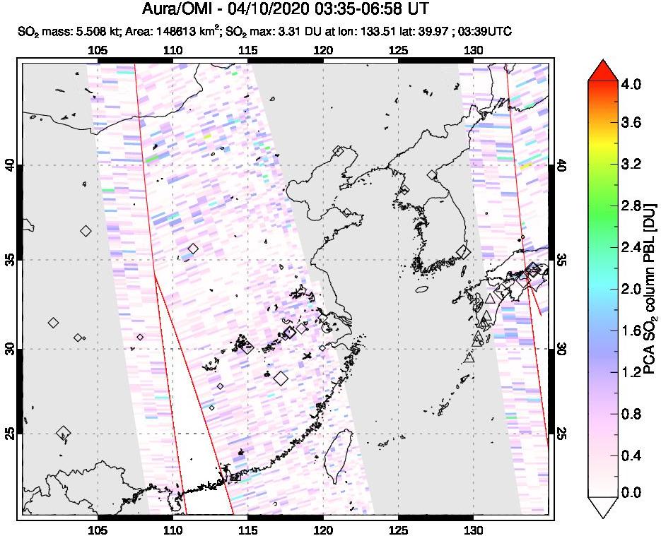 A sulfur dioxide image over Eastern China on Apr 10, 2020.