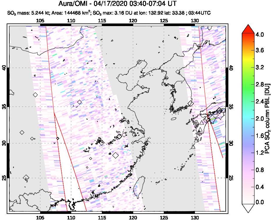 A sulfur dioxide image over Eastern China on Apr 17, 2020.