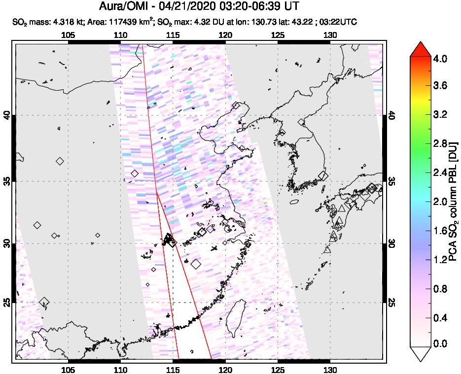 A sulfur dioxide image over Eastern China on Apr 21, 2020.