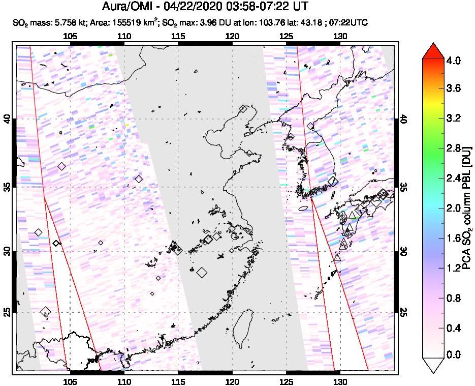 A sulfur dioxide image over Eastern China on Apr 22, 2020.