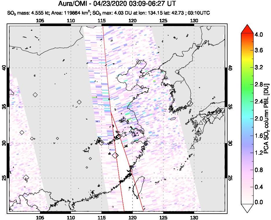A sulfur dioxide image over Eastern China on Apr 23, 2020.