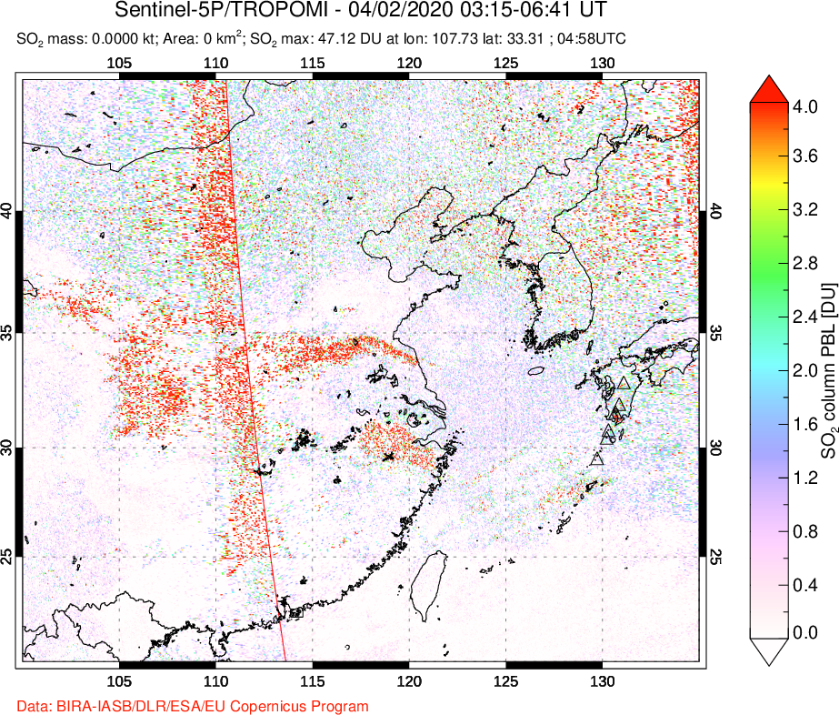 A sulfur dioxide image over Eastern China on Apr 02, 2020.
