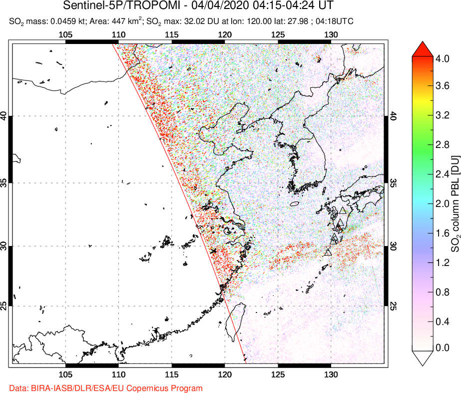 A sulfur dioxide image over Eastern China on Apr 04, 2020.