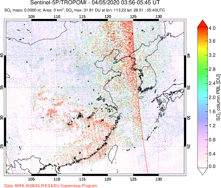 A sulfur dioxide image over Eastern China on Apr 05, 2020.