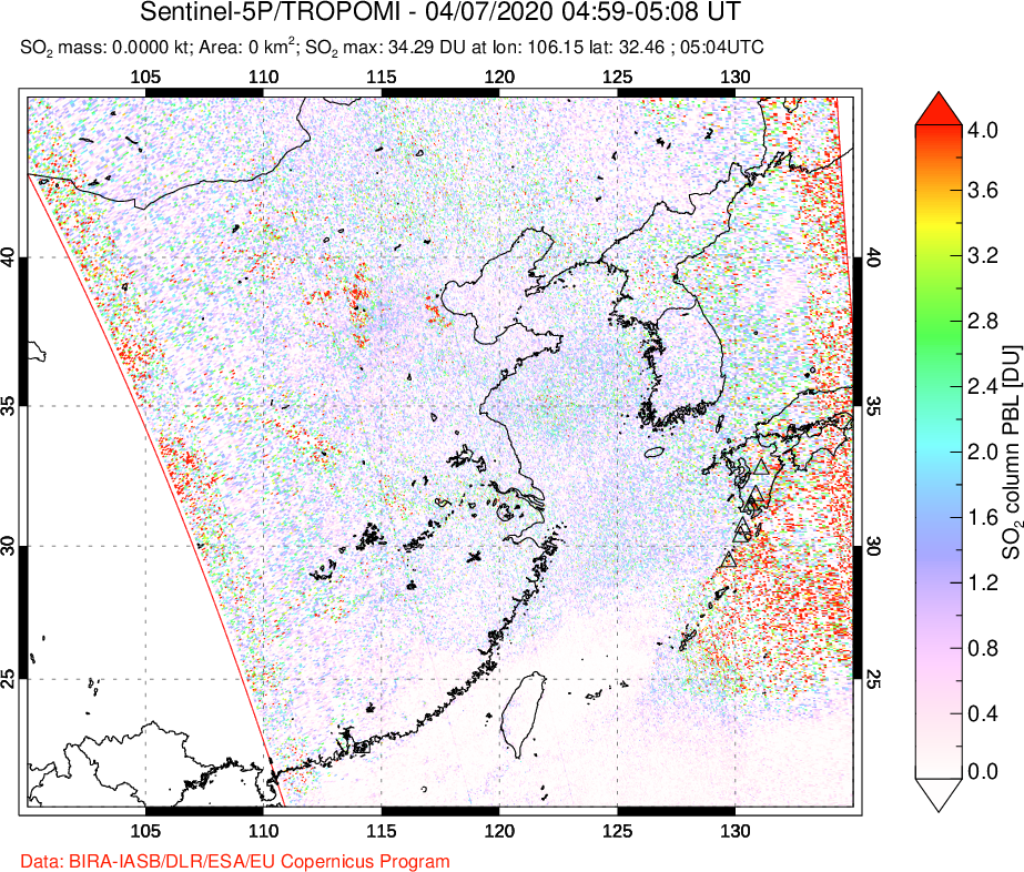 A sulfur dioxide image over Eastern China on Apr 07, 2020.