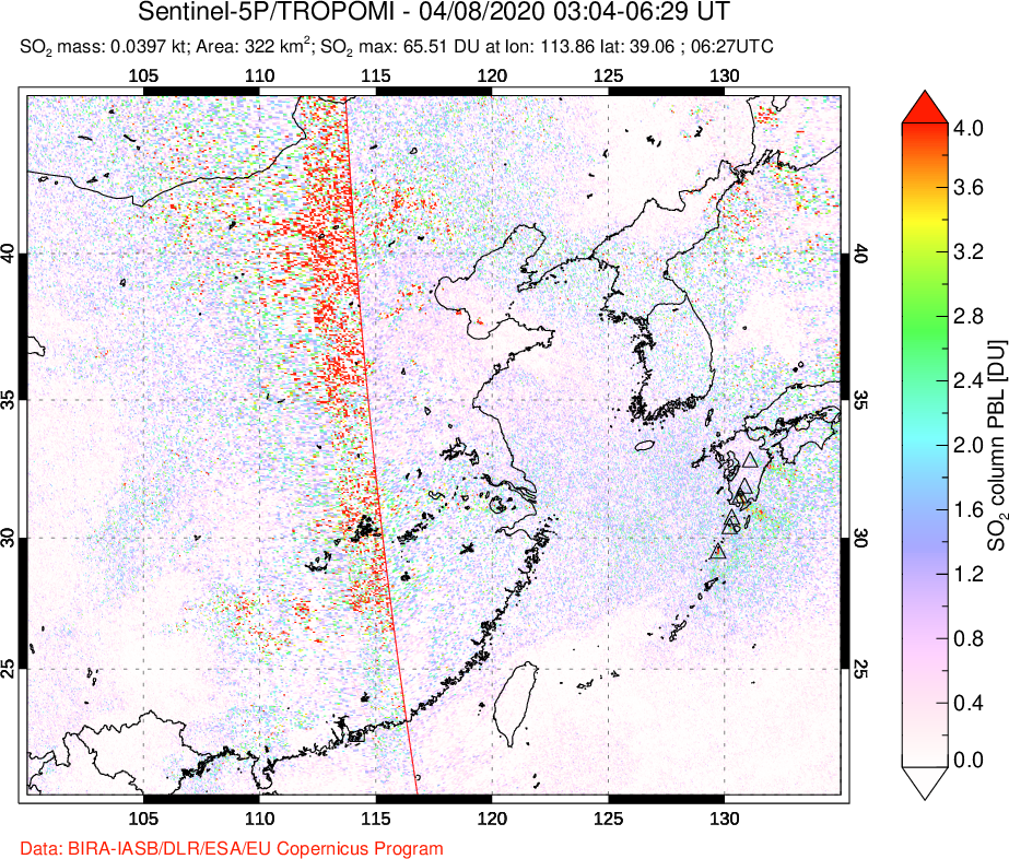A sulfur dioxide image over Eastern China on Apr 08, 2020.