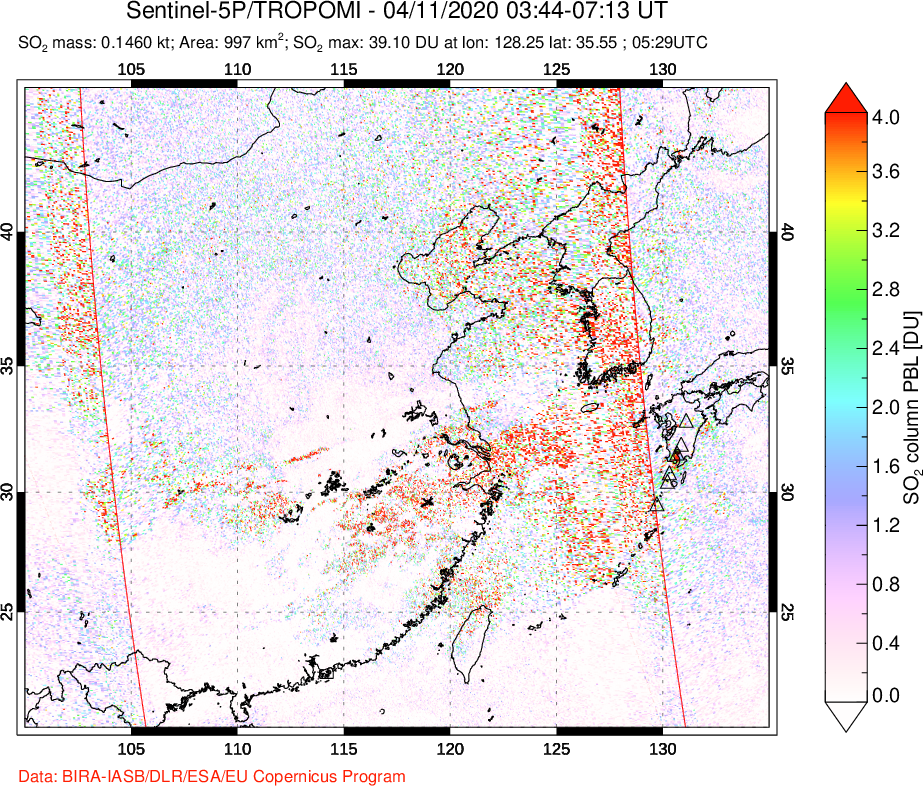 A sulfur dioxide image over Eastern China on Apr 11, 2020.