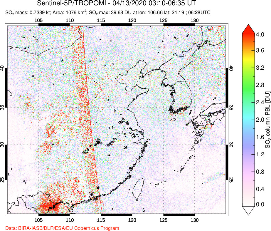 A sulfur dioxide image over Eastern China on Apr 13, 2020.