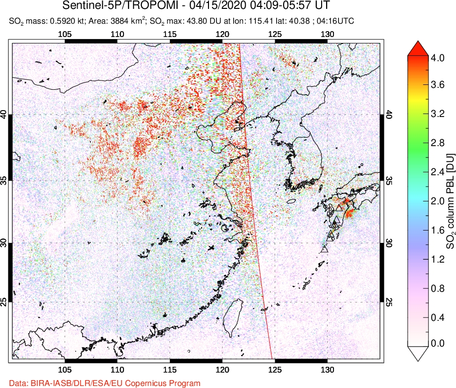 A sulfur dioxide image over Eastern China on Apr 15, 2020.