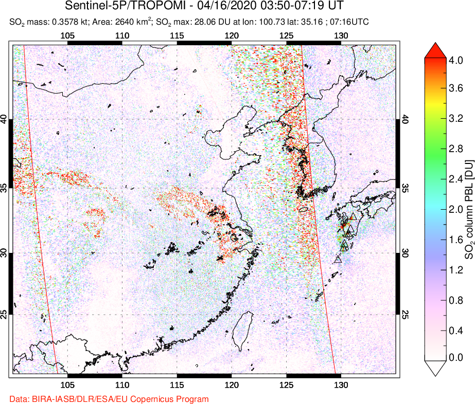 A sulfur dioxide image over Eastern China on Apr 16, 2020.