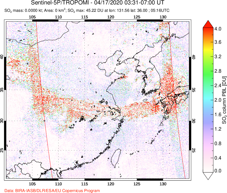 A sulfur dioxide image over Eastern China on Apr 17, 2020.