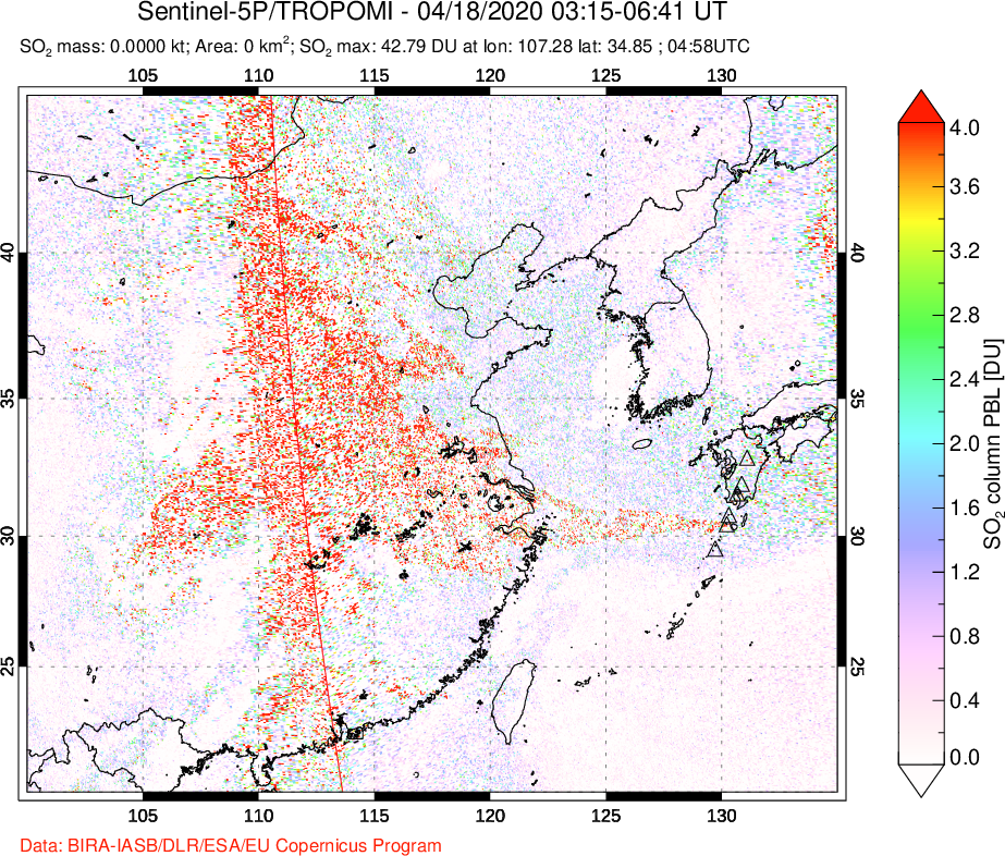 A sulfur dioxide image over Eastern China on Apr 18, 2020.