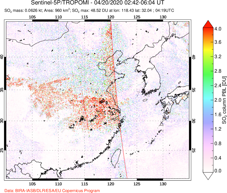 A sulfur dioxide image over Eastern China on Apr 20, 2020.