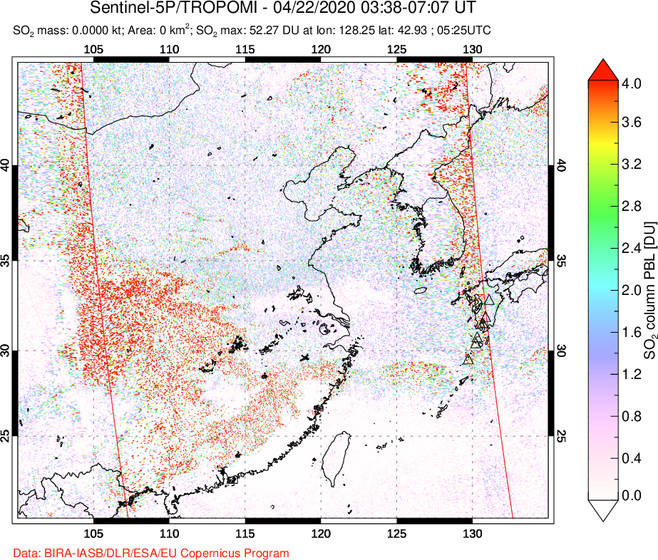 A sulfur dioxide image over Eastern China on Apr 22, 2020.