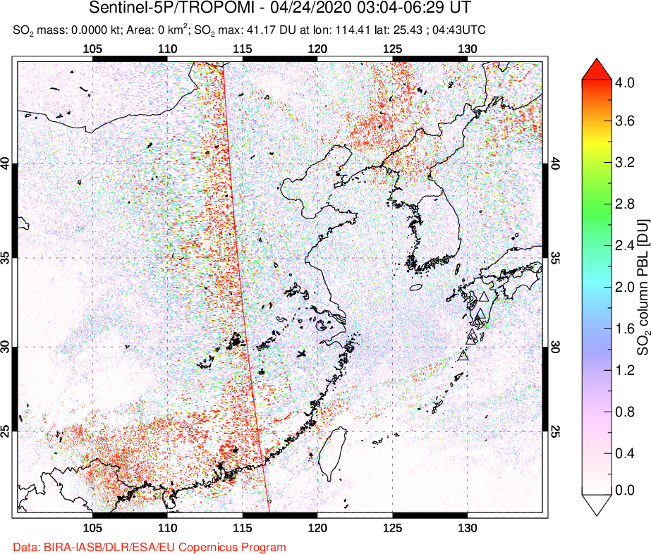 A sulfur dioxide image over Eastern China on Apr 24, 2020.