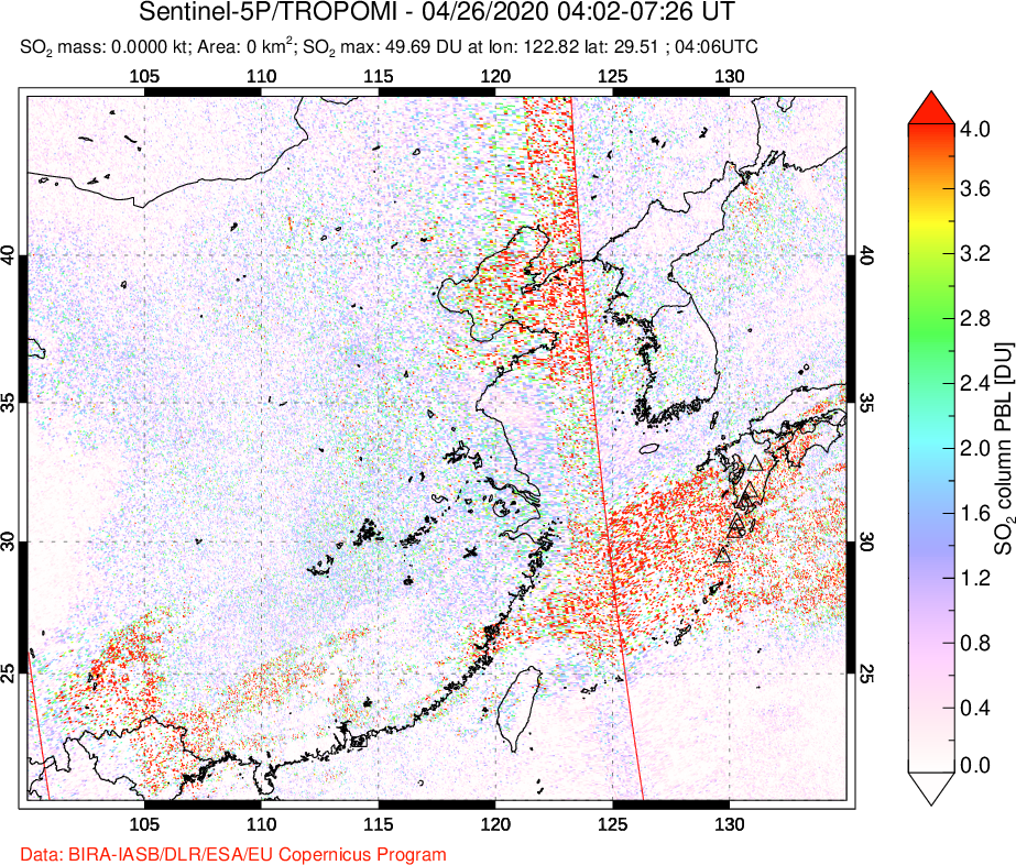 A sulfur dioxide image over Eastern China on Apr 26, 2020.