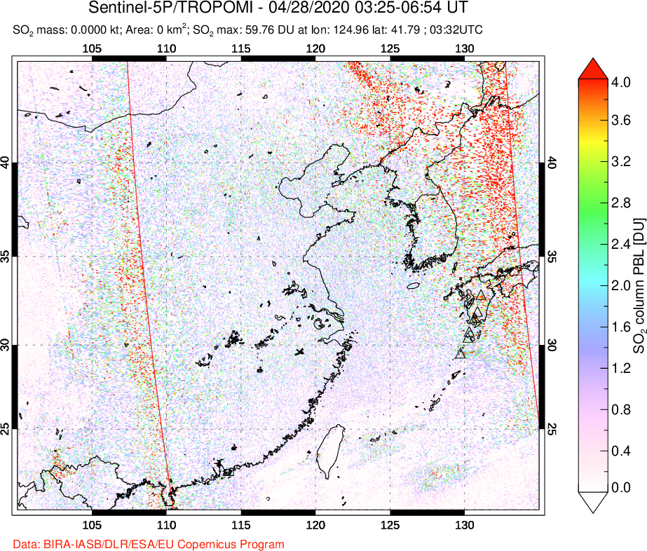 A sulfur dioxide image over Eastern China on Apr 28, 2020.