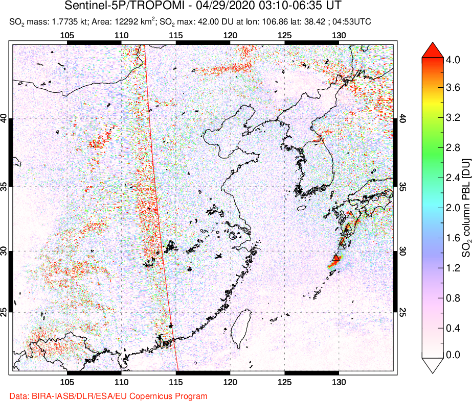 A sulfur dioxide image over Eastern China on Apr 29, 2020.