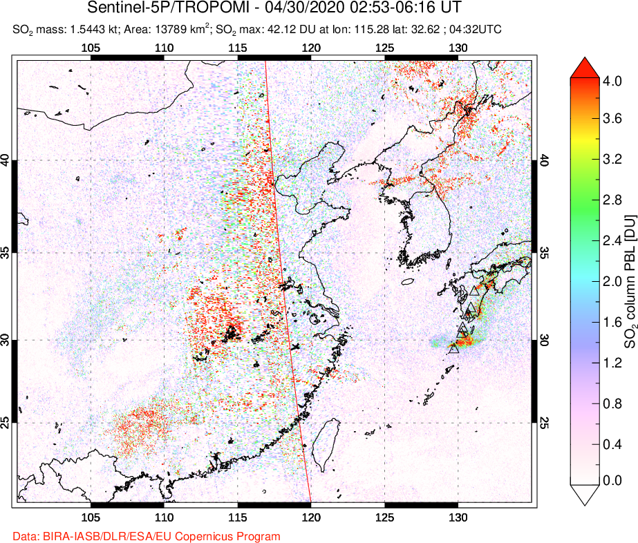 A sulfur dioxide image over Eastern China on Apr 30, 2020.