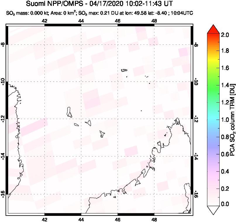 A sulfur dioxide image over Comoro Islands on Apr 17, 2020.