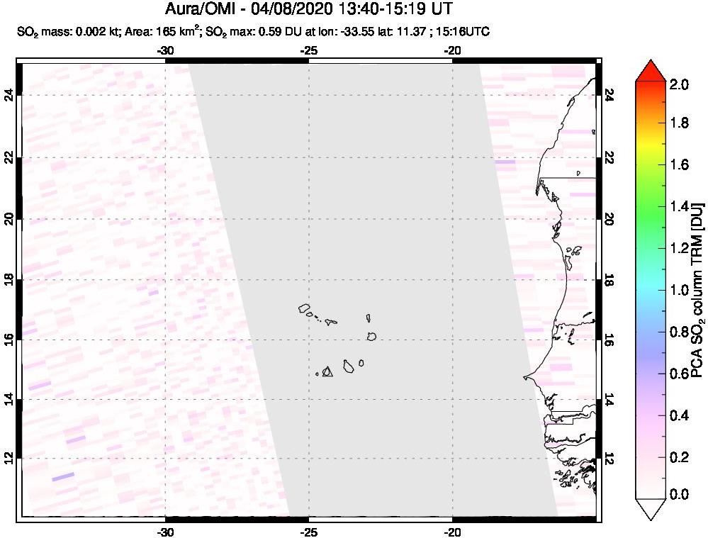 A sulfur dioxide image over Cape Verde Islands on Apr 08, 2020.