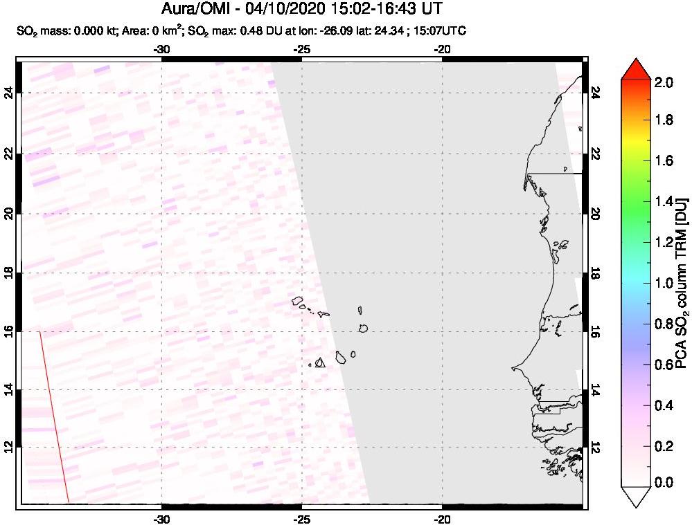 A sulfur dioxide image over Cape Verde Islands on Apr 10, 2020.