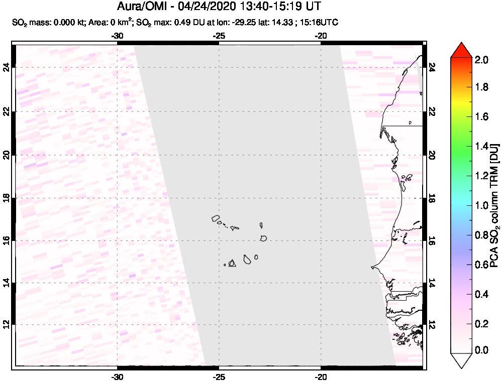 A sulfur dioxide image over Cape Verde Islands on Apr 24, 2020.