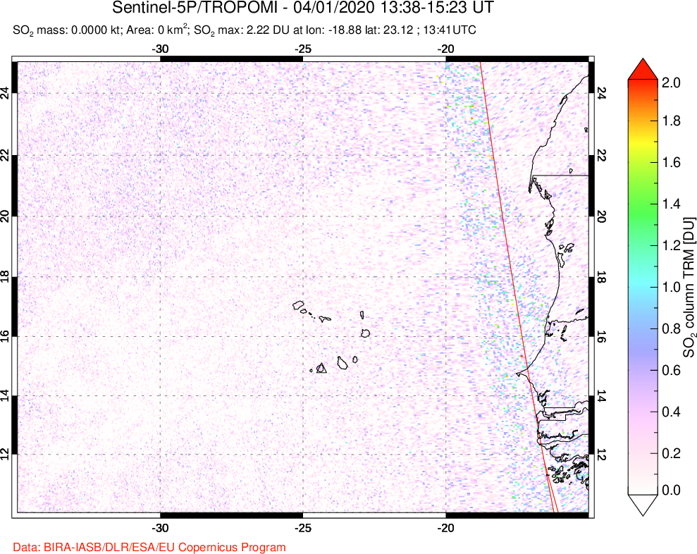 A sulfur dioxide image over Cape Verde Islands on Apr 01, 2020.